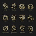 12 horoscope with gold simple line border Astrology Icons on black background vector design