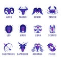 12 horoscope - Modern shape purple blue zodiac astrology simple icon sign with star around collection vector design