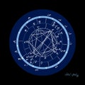 Horoscope natal chart, astrological celestial map, cosmogram, vitasphere, radix. Blue white black color. Hand drawn calligraphy.