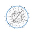 Horoscope natal chart, astrological celestial map, cosmogram, vitasphere, radix. Blue white black color. Hand drawn calligraphy.