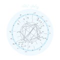 Horoscope natal chart, astrological celestial map, cosmogram, vitasphere, radix. Blue white grey color. Hand drawn calligraphy.