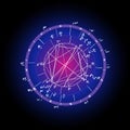 Horoscope natal chart, astrological celestial map, cosmogram, vitasphere, radix. Blue white pink black color. Hand drawn