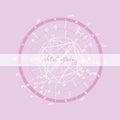 Horoscope natal chart, astrological celestial map, cosmogram, vitasphere, radix. sketch, design, outline, white lilac pink color.