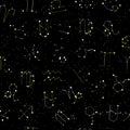 Horoscope seamless pattern, all Zodiac signs in constellation style with line and stars on black sky. Endless background Royalty Free Stock Photo