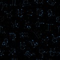 Horoscope seamless pattern, all Zodiac signs in constellation style with line and stars on black sky. Endless background Royalty Free Stock Photo