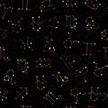 Horoscope seamless pattern, all Zodiac signs in constellation style with line and stars on black sky. Endless background Royalty Free Stock Photo