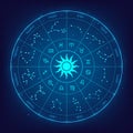 horoscope sign in twelve zodiac circle background. set astrological symbols. astrology fantastic wheel. vector illustration