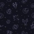 Horoscope signs vector cartoon seamless pattern, twelve astrological symbols in line art style on black background Royalty Free Stock Photo