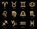 Horoscope Symbols, Twelve Gold Embossed Zodiac Symbols