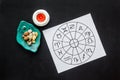 Horoscope wheel of zodiac symbols on work place