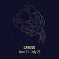 Horoscope, zodiac sign Cancer, golden design on a blue starry background. Illustration vector Royalty Free Stock Photo