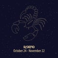 Horoscope, zodiac sign Scorpio, golden design on a blue starry background. Illustration vector Royalty Free Stock Photo