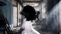A horrible girl in a white dress, looking like a zombie, moves through an abandoned mystical house. View of an abandoned