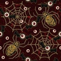 Horrible pattern with monsters, gold metallic robotic spider, spiderweb, flying human red eyeballs with bat wings