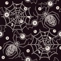 Horrible pattern with monsters, metallic robotic spider, spiderweb, flying human eyeballs with bat wings