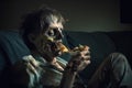 horrible zombie eating while sitting on the couch and watching TV. AI Generated.