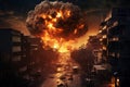 A horrifying scene of a city hit by a nuclear bomb. A mushroom cloud and a fireball have consumed the buildings and streets - Royalty Free Stock Photo