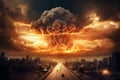 A horrifying scene of a city hit by a nuclear bomb. A mushroom cloud and a fireball have consumed the buildings and streets - Royalty Free Stock Photo