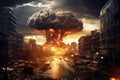 A horrifying scene of a city hit by a nuclear bomb. A mushroom cloud and a fireball have consumed the buildings and streets - Royalty Free Stock Photo