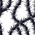 Horror art style horrible seamless pattern, vector background. Blackthorn branches with thorns stylish endless illustration. Hard