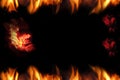 Horror background with devil and flame. Halloween fantasy and gothic concept. Copy space. Flame border. Inferno and fire backgroun