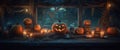 horror background fear blue night halloween evil fall mystery pumpkin table. Generative AI. Royalty Free Stock Photo