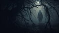 Horror background of a ghostly figure in enchanted a forest on a moody, foggy night. Halloween concept Royalty Free Stock Photo