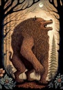 Horror beast, fantasy monster bear, forest night moon, gigantic wild creature