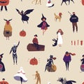 Horror characters flat vector seamless pattern. Halloween decorative texture. People in spooky outfits cartoon