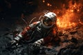 Horror concept of dead astronaut in space with broken helmet