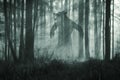 A horror concept.. Of a giant werewolf, standing in a misty winter forest at night. With a grunge, textured edit