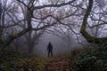 A Horror concept of a hooded figure without a face on a path through a spooky forest on a moody, foggy winters day Royalty Free Stock Photo