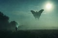 A horror concept. Of a man looking at a mysterious monster mothman figure, flying in the sky. Silhouetted against the moon at