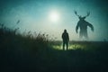 A horror concept. Of a mysterious monster skinwalker figure, standing outside. Silhouetted against the moon at night. With a Royalty Free Stock Photo