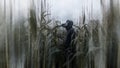 A horror concept of a scary hooded man standing in a field of corn wearing a plague doctor mask looking at the sky. With a grunge