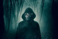 A horror concept of a scary portrait of a ghost like figure in a spooky winters forest. On a dark grunge background