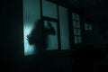 Horror concept. The silhouette of a human with sprayed arms in front of a window. at night.