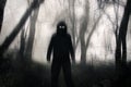 A horror concept. A silhouetted hooded figure, standing in a winter forest, with glowing scary eyes. With a grunge, texture,