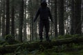 A horror concept of a spooky winter forest with a scary hooded figure standing on a fallen tree Royalty Free Stock Photo