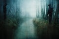 A horror concept of two hooded figures without a face, standing by a stream in a forest in winter. With a grunge, artistic, edit