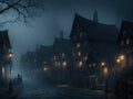 Horror evil background with haunted houses in the fog Royalty Free Stock Photo