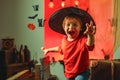 Horror face. Secrets of Magic for Happy Halloween. Halloween kids party and funny Pumpkin. Funny boy. Royalty Free Stock Photo