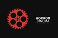 Horror film cinema logo vector logo template. Stylized movies reel and circular saw on black background. Entertainment