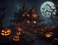 Horror house with jack-o-lanterns under full moon. Concept of Halloween. Digital illustration. CG Artwork Background