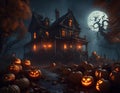 Horror house with jack-o-lanterns under full moon. Concept of Halloween. Digital illustration. CG Artwork Background