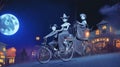 Horror moonlight night scene with a couple of witches on a bicycle in the village