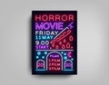 Horror movie postcard typography design neon template. Brochure in style neon, neon sign, colorful poster, banner light Royalty Free Stock Photo