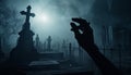 hand fear zombie halloween cemetery creepy horror moon night monster. Generative AI.