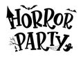 Horror Party text design. Halloween vector illustration with haunted house, bats silhouettes, ghost, web and trees. Isolated Royalty Free Stock Photo