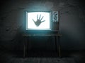 Horror Scary Movie Concept. Hand Of Ghost On Screen Of Vintage Tv In Haunted House